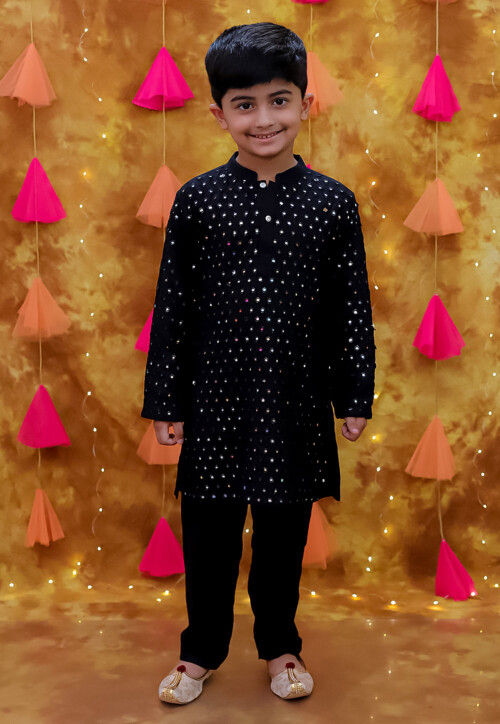 Embroidered Rayon Kurta Set in Black