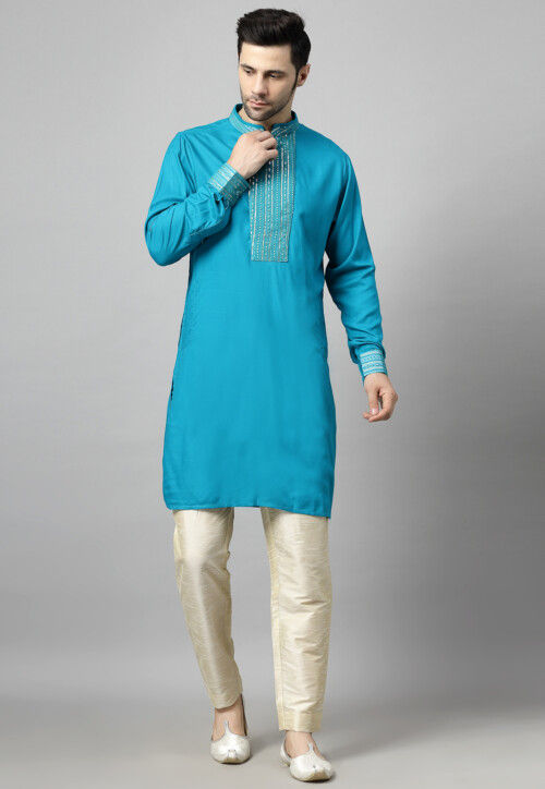 Embroidered Rayon Kurta Set in Blue