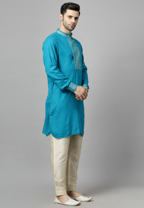 Embroidered Rayon Kurta Set in Blue