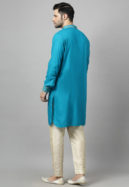 Embroidered Rayon Kurta Set in Blue