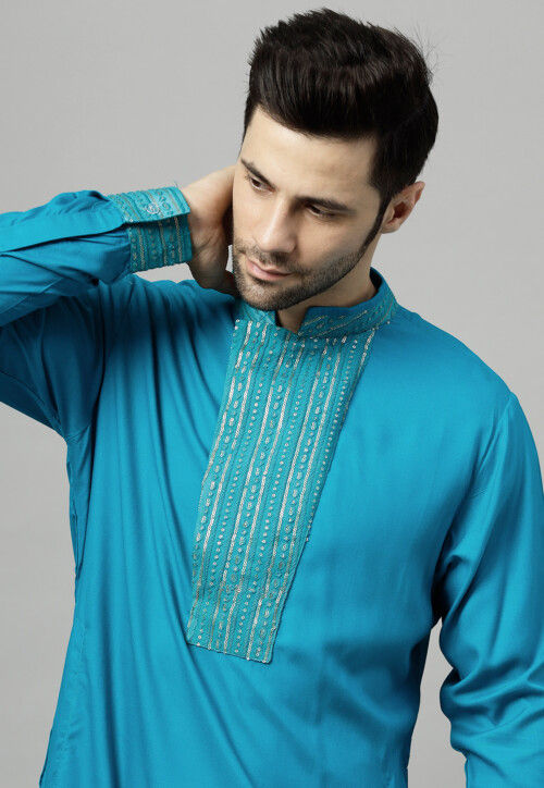 Embroidered Rayon Kurta Set in Blue