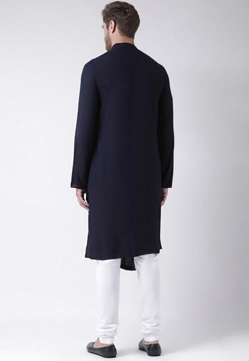 Embroidered Rayon Kurta Set in Navy Blue