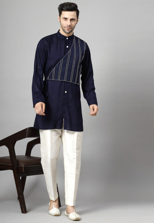 Embroidered Rayon Kurta Set in Navy Blue