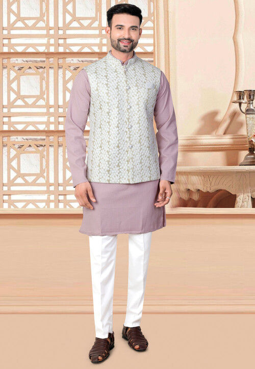 Embroidered Rayon Kurta Set in Purple and Off White