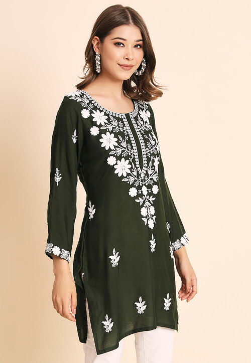 Dark Olive Green Color Embroidered Kurti With Stole – Bollywood Wardrobe
