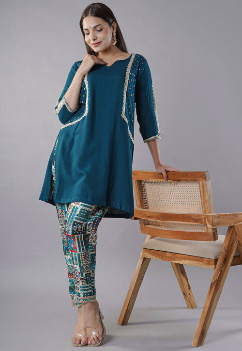Embroidered Rayon Kurti Set in Teal Blue