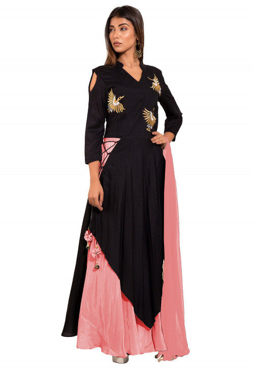 Embroidered Rayon Layered Abaya Style Suit in Black and Light Pink : KUX635