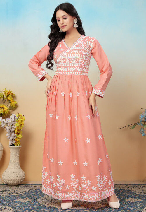 Embroidered Rayon Long Kurta Set in Peach
