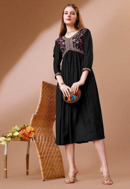 Embroidered Rayon Midi Dress in Black