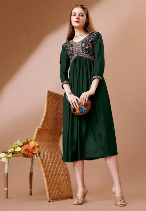 Embroidered Rayon Midi Dress in Dark Green