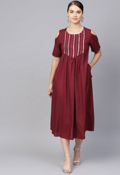 Embroidered Rayon Midi Dress in Maroon