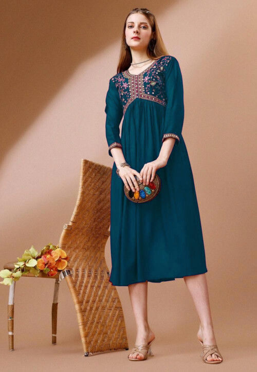 Embroidered Rayon Midi Dress in Teal Blue