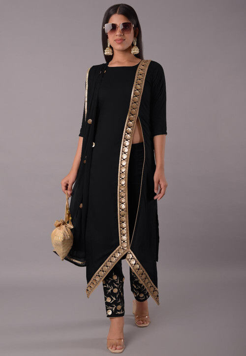 Embroidered Rayon Pakistani Suit in Black
