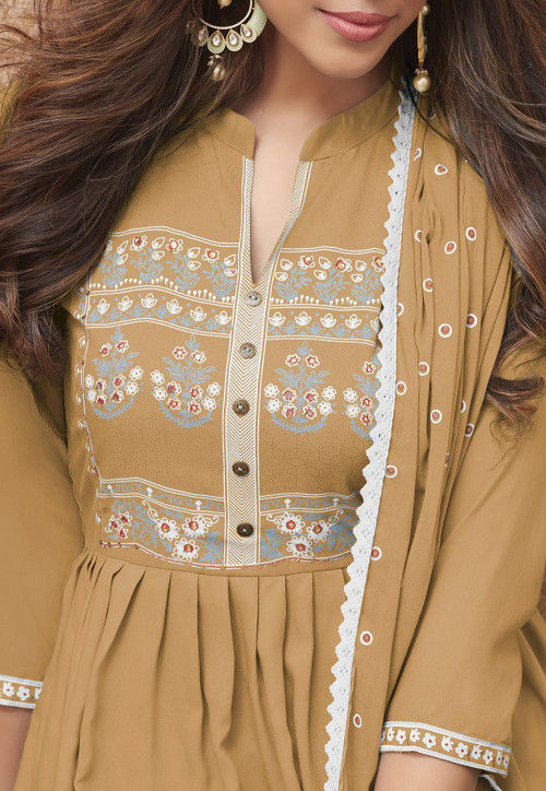 Embroidered Rayon Pakistani Suit in Dark Beige : KCH7048