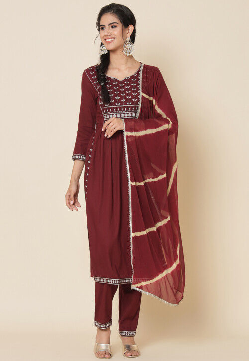 Embroidered Rayon Pakistani Suit in Maroon