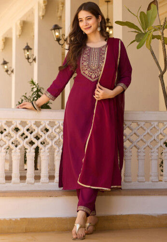 Embroidered Rayon Pakistani Suit in Maroon