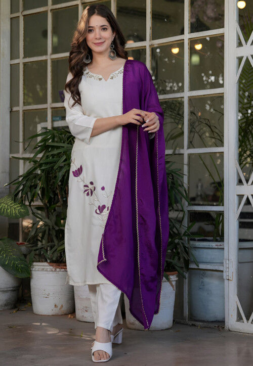 Embroidered Rayon Pakistani Suit in Off White
