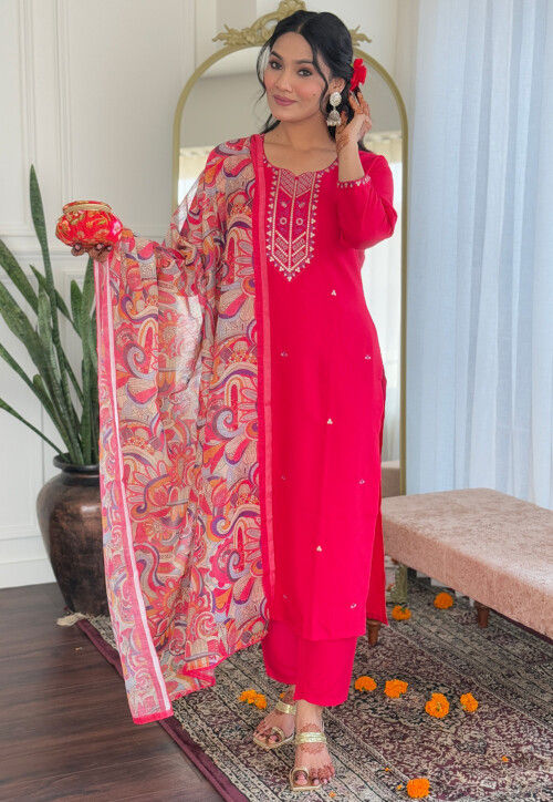 Embroidered Rayon Pakistani Suit in Pink