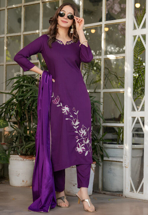 Embroidered Rayon Pakistani Suit in Purple