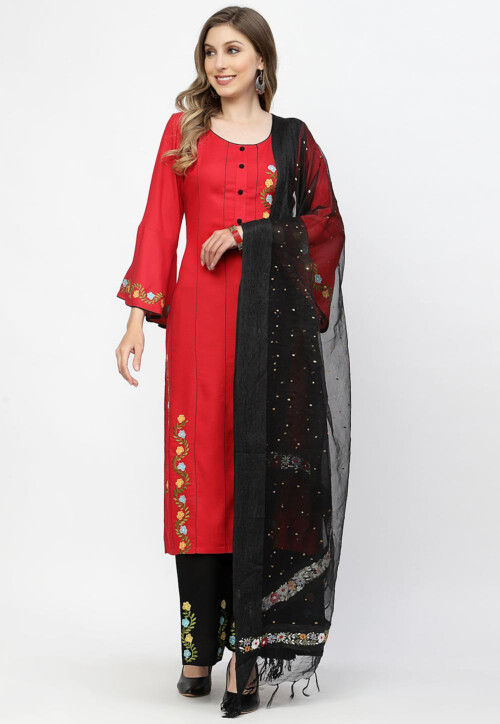 Embroidered Rayon Pakistani Suit in Red