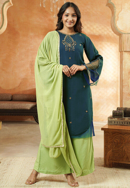 Embroidered Rayon Pakistani Suit in Teal Blue