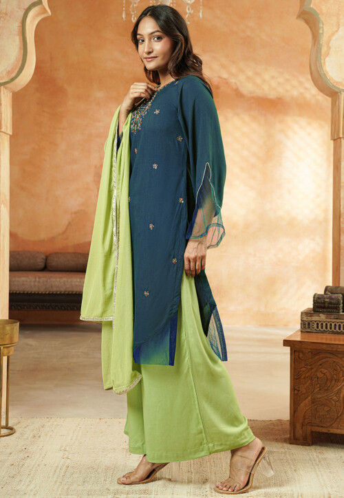 Embroidered Rayon Pakistani Suit in Teal Blue