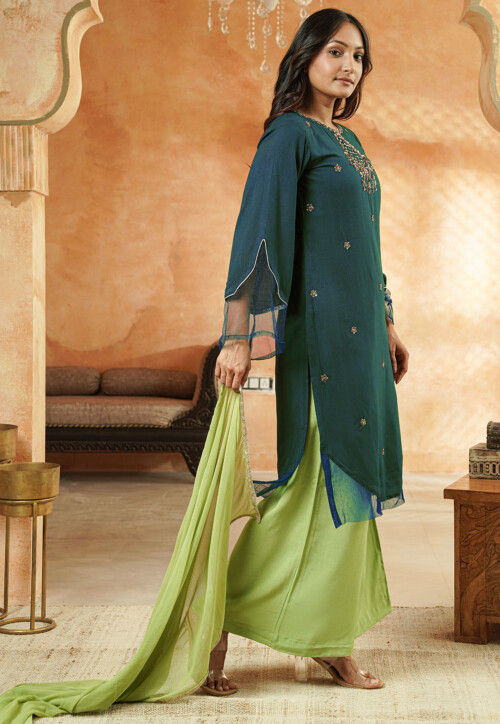 Embroidered Rayon Pakistani Suit in Teal Blue