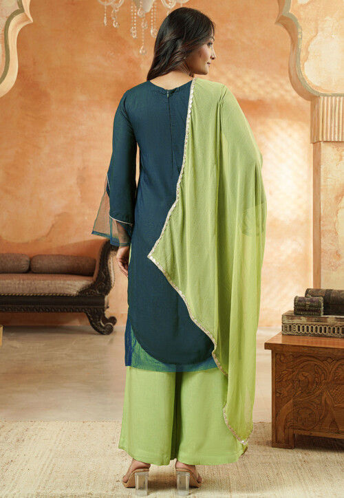 Embroidered Rayon Pakistani Suit in Teal Blue