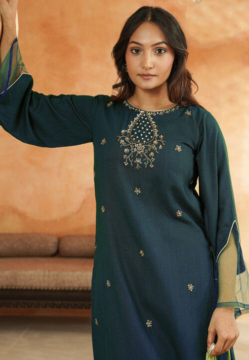 Embroidered Rayon Pakistani Suit in Teal Blue