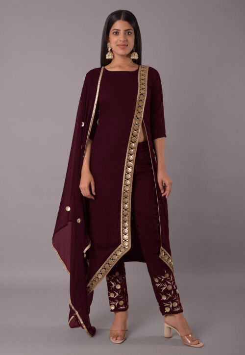 Embroidered Rayon Pakistani Suit in Wine