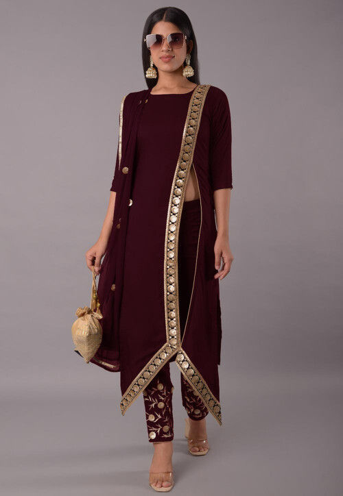 Buy Embroidered Rayon Pakistani Suit in Wine Online : KUR84 - Utsav Fashion