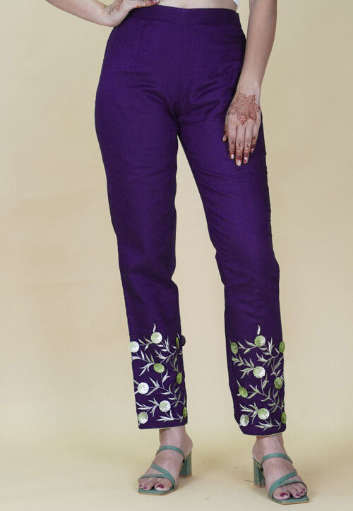 purple cigarette pants Buy Embroidered Rayon Pant in Purple Online : BSY245