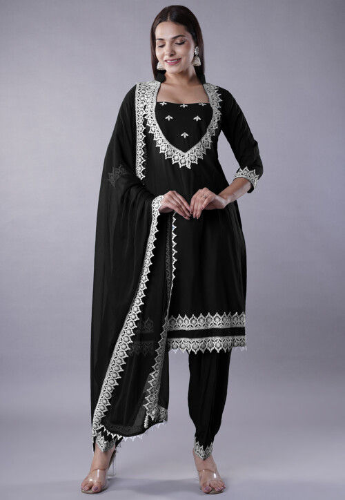 Buy Embroidered Rayon Punjabi Suit in Black Online KUR289