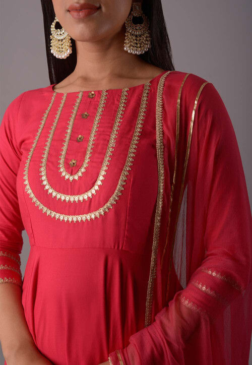 Embroidered Rayon Punjabi Suit in Red