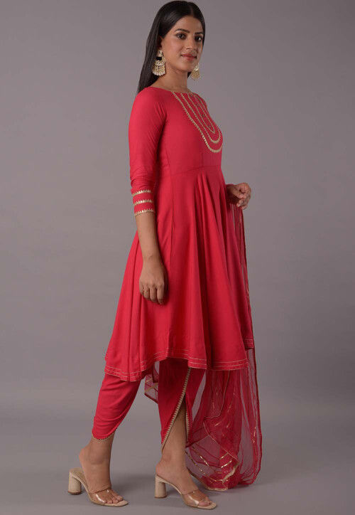 Embroidered Rayon Punjabi Suit in Red