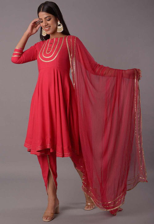 Embroidered Rayon Punjabi Suit in Red