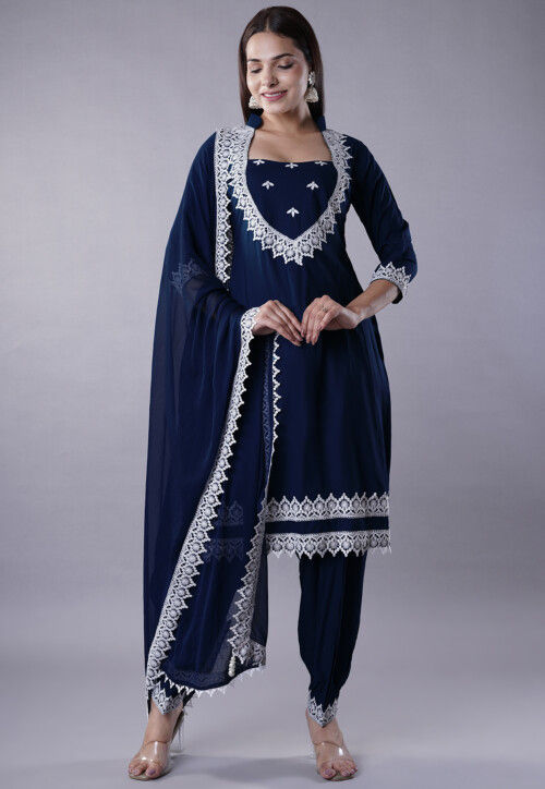Buy Embroidered Rayon Punjabi Suit in Navy Blue Online KUR295