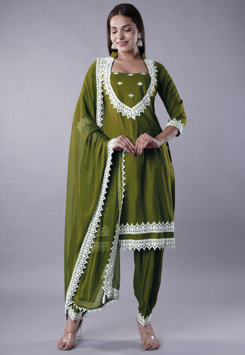 Embroidered Rayon Punjabi Suit in Olive Green