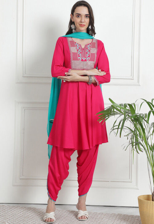 Embroidered Rayon Punjabi Suit in Pink