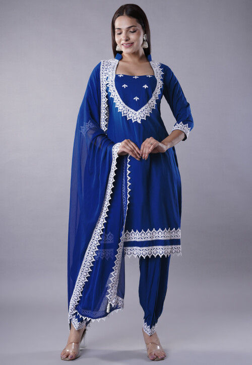 Buy Embroidered Rayon Punjabi Suit in Royal Blue Online KUR296