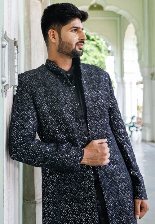Embroidered Georgette Sherwani in Navy Blue
