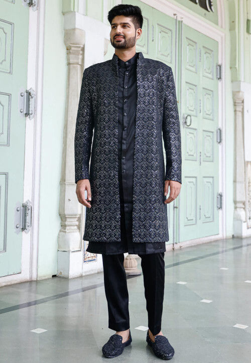 Embroidered Georgette Sherwani in Navy Blue