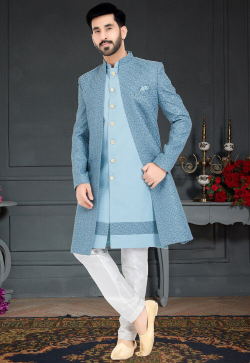 Embroidered Rayon Sherwani in Sky Blue