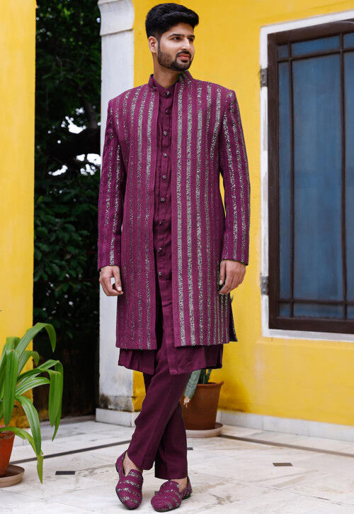 Embroidered Rayon Sherwani in Wine