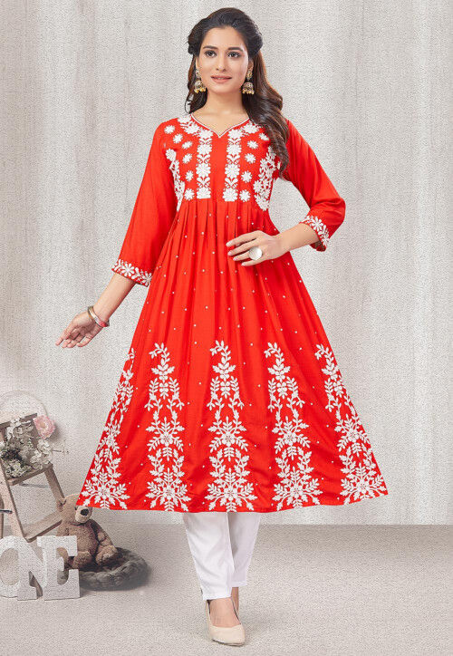 Embroidered Rayon Slub A Line Kurta Set in Red
