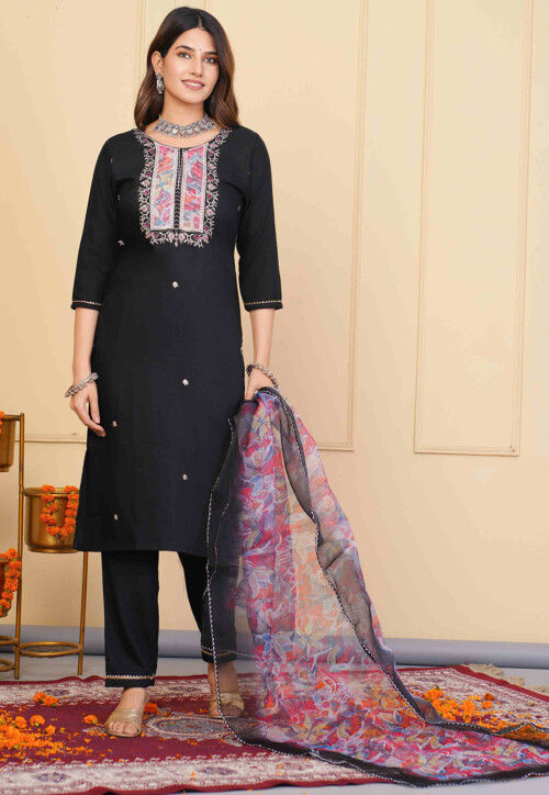 Embroidered Rayon Slub Pakistani Suit in Black