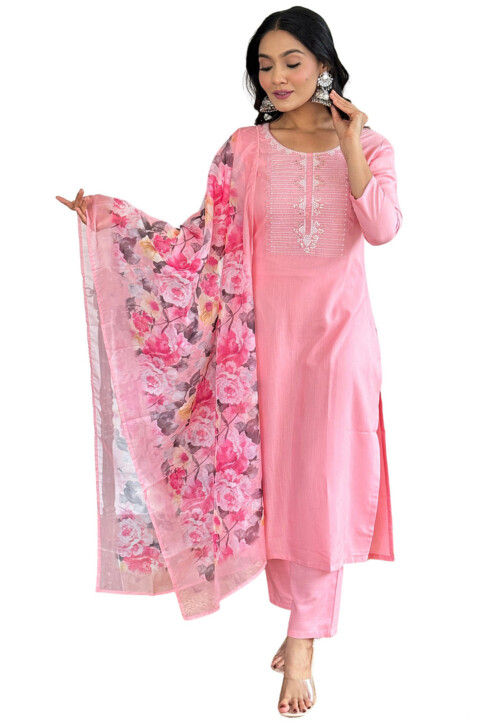 Embroidered Rayon Slub Pakistani Suit in Pink