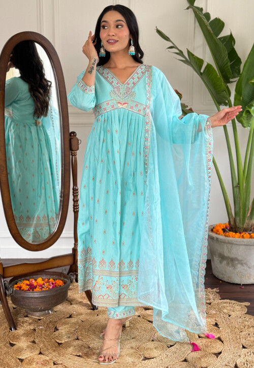 Embroidered Rayon Slub Pakistani Suit in Sky Blue