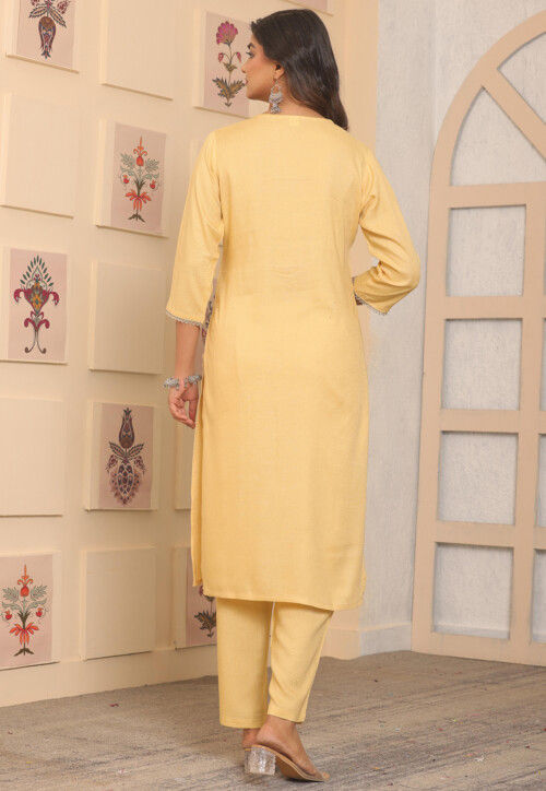 Embroidered Rayon Straight Kurta Set in Yellow