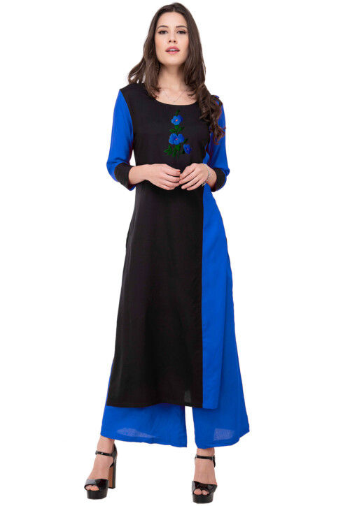 Embroidered Rayon Straight Kurta in Black and Royal Blue